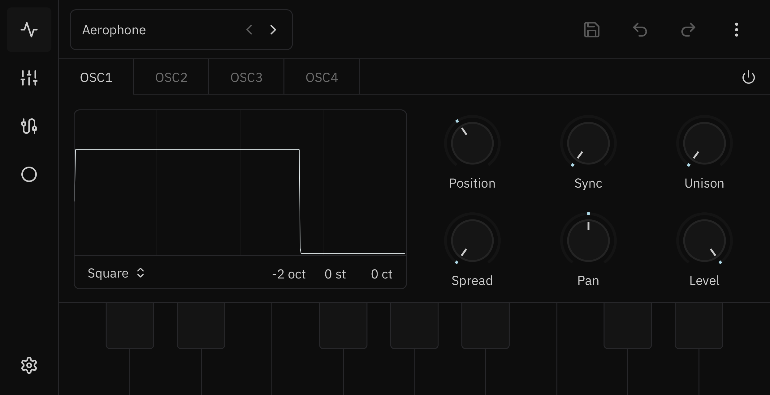 Pegboard mobile synthesizer interface showing an oscillator waveform and sound controls